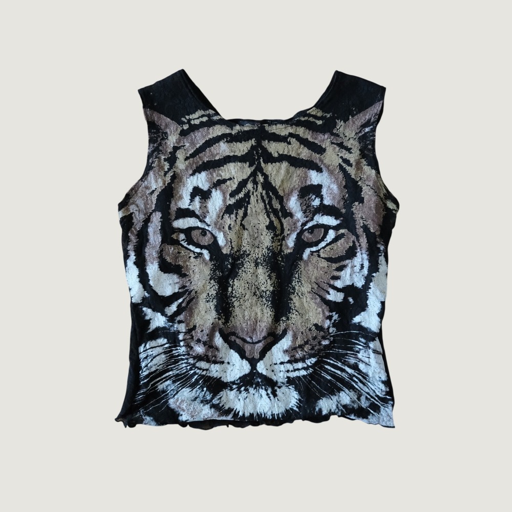 Younique‎ Tank Top Womens Medium Black Tiger Graphic Lace Y2K Indie Sleaze M